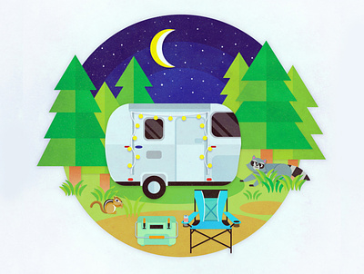 Happy Camper airstream camper campers camping cooler graphic moon nature night outside racoon squirrel vector wild woods