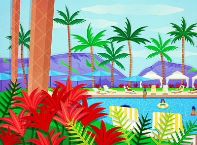 Hawaiian Vacation 60s style art digital art flowers hawaii illustration island kauai midcentury mountains people pool poolside print retro summer sun vector vectorart