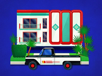 West Hollywood 1950s 50s apartment art building car colorful ford ford truck hollywood home illustration mid century print red retro street truck vector west hollywood