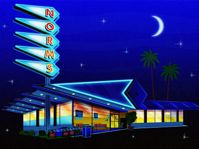Norms at Night 1950s 50s architecture art california diner fan art googie historic landmark illustration la cienega los angeles mid century neon neon sign norms norms diner norms restaurant west hollywood