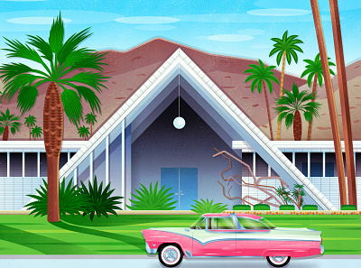 Rose Avenue 1950s 50s a frame a frame architecture california classic car digital art drawing dream home fan art house mid century mid century modern modern modern home palm springs pink car vector art vintage