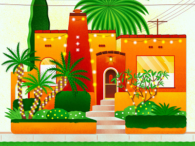 Holiday on Oakwood architecture california california home christmas digital art drawing happy holidays holiday holiday lights home house illustration lights los angeles oakwood palm trees spanish revival vector art weho west hollywood