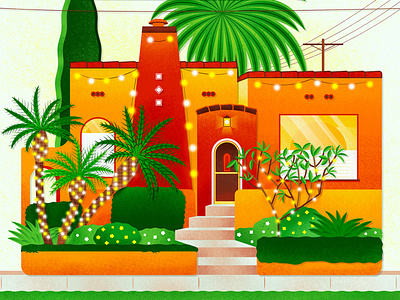 Holiday on Oakwood architecture california california home christmas digital art drawing happy holidays holiday holiday lights home house illustration lights los angeles oakwood palm trees spanish revival vector art weho west hollywood