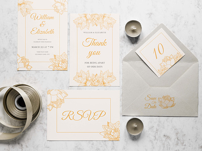Wedding invitation beautiful design envelope flower gold graphic design illustration invitation love main rsvp save the date table number thank you card vector wedding yellow