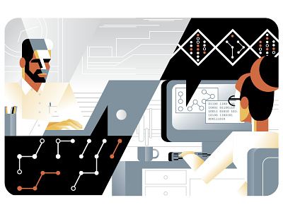 Bridging the Gap Between AI and Genetics abstract ai contemporary design editorial illustration illustrator logo medical medicine pharma science technology vector