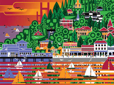 Sausalito, CA contemporary design illustrator landscape vector