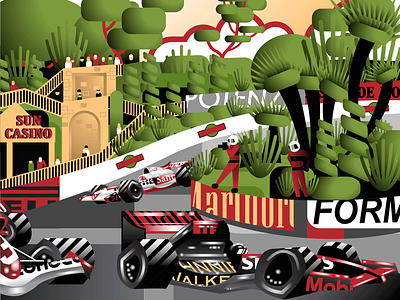 Monte Carlo Grand Prix action cars contemporary illustration landscape sports travel vector