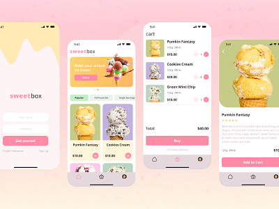 SWEETBOX | Ice cream mobile app design app app design branding color company concept creative design figma font gradient ice cream interface ios logo mobile app design mobile ui pink sweet ui