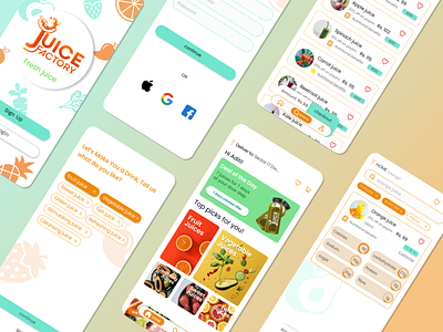 Fruit Juice Application app checkout design filters fresh fruit juice fruits grid view healthy home screen illustration juice cards juices logo mobile app onboarding portfolio ui ux uxui