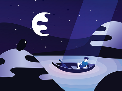 Space trip boat child illustration landscape light mountain night water