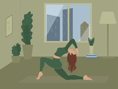 Girl doing yoga at home design flat girl home illustration room window woman yoga