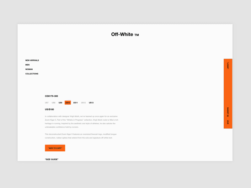 OFF-WHITE™ - Product Page animation clean design designer flat identity microanimation minimal off white type typography ui ux uxdesign web website website concept