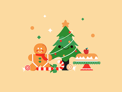 Christmas settings art cake candy christmas christmas tree design flat ginger man gingerbread man green illustration minimal orange stars vector yellow