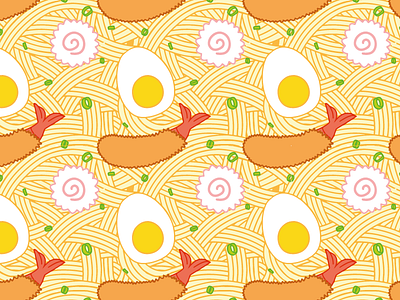 The Cupped Noodle - Pattern branding egg fish food illustration narutomaki noodles pattern repeating shrimp tempera