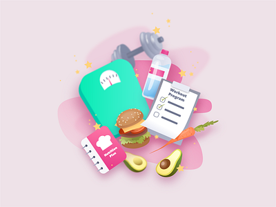 Welcome Picture for Sport App avocado burger carrot food healthy illustration nutrition sport ui water weight