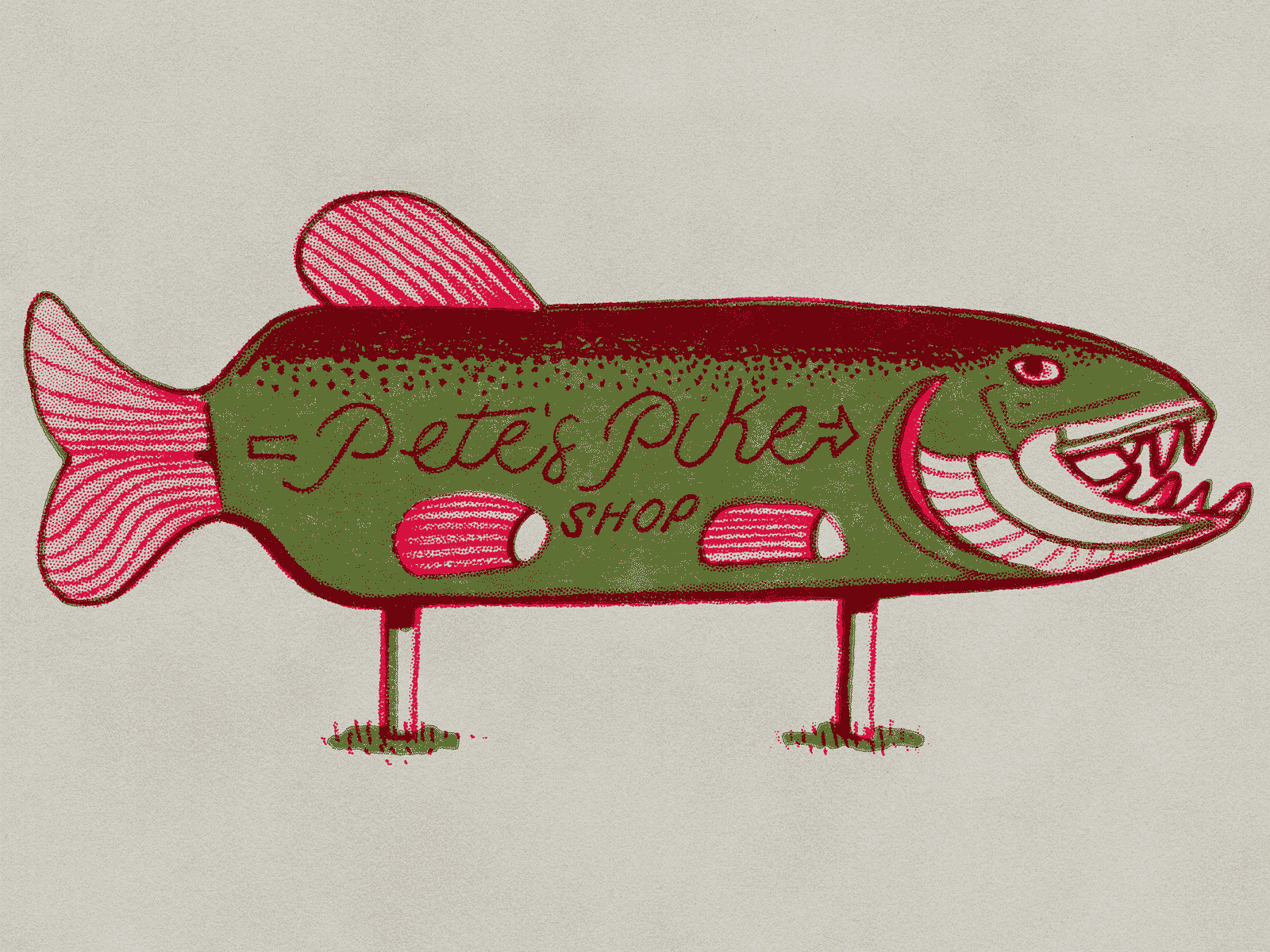 Pete's Pike Store drawing fish fisherman fishing flyer halftone illustration pike signage vin conti
