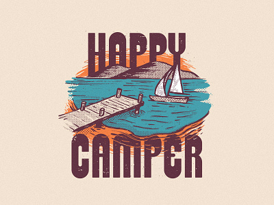 Happy Camper boat camp dock drawing halftone mountains sailboat sailing texture vintage water