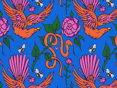 Snakes bees birds flowers pattern snakes vin conti