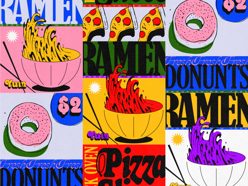 NYC Food type fonts illustration pizzeria ramen donut pizza