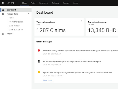 Claim Management software Dashboard carbon dashboard health ibm insurance