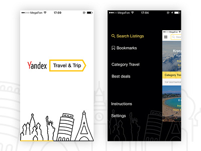 Yandex.Travel (loading and menu screens) app design icons illustration interface ios mobile onboarding ui ux yandex travel