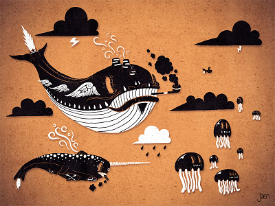 Badasses Roaming The Skies badass cartoon character design clouds illustration jaen jellyfish low brow narwhal sky submarine whale