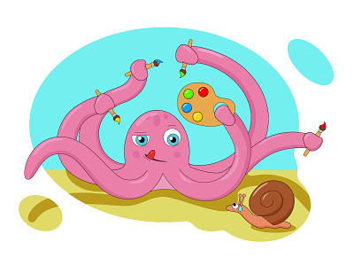 An Octopus-Artist artist character humor illustration octopus painting snail vector