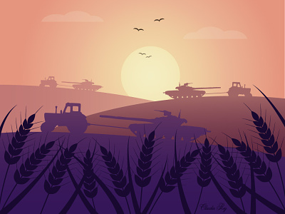 Ukrainian Morning :) humor illustration morning nature scenery sun sunrise tank tractor ukraine vector wheat