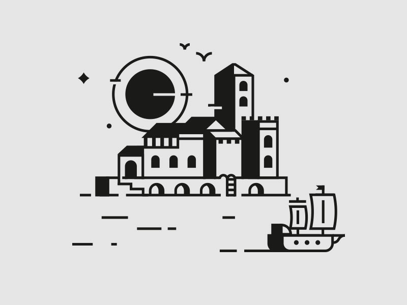Trip skyline sailing draw logo village sea ocean port vector icon illustration gull galleon boat