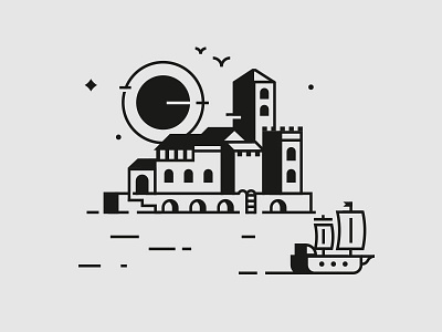Trip boat draw galleon gull icon illustration logo ocean port sailing sea skyline vector village