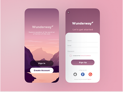 Sign up - Daily UI 001 - Wunderway Travel App app design daily ui daily ui 001 daily ui 1 daily ui challenge product design travel app ui vacation app wunderway