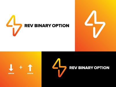 Rev Binary Option arrow bitcoin black brandidentity branding creativelogo cryptocurrency down gradient identity logo logo designer logomark logomarks mark option orange symbol up