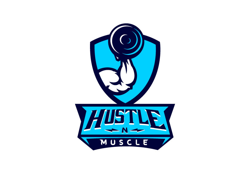 Hustle N Muscle logo mark weights muscle mark illustration badge modern logo logo process creative logo concept dark blue blue bodybuilding logo bodybuilding gym logo gym brand identity branding logo designer logo