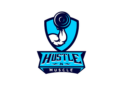 Hustle N Muscle badge blue bodybuilding bodybuilding logo brand identity branding concept creative logo dark blue gym gym logo illustration logo logo designer logo mark logo process mark modern logo muscle weights
