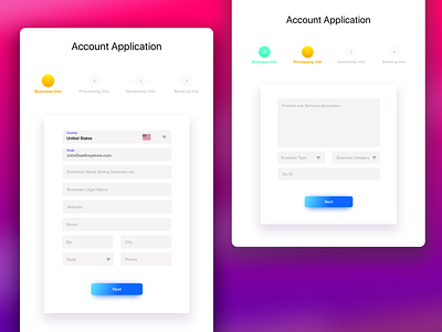 Account Applications can look good too applicaiton bank business button design clean finance form form design form elements form field gradient merchant minimalistic onboarding onboarding screen onboarding ui payment submission ui ux