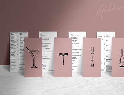 Restaurant/ Bar Menus Set: Goldie bar black chic elegant layout menu menus minimal minimalist pink print restaurant set simple