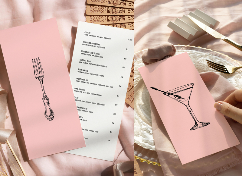Restaurant/ Bar Menus: Goldie alcohol bar black chic elegant layout lounge menu menus minimal minimalist pink print restaurant set