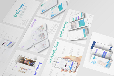 Trainee - Personal Training App + Branding + Deck Design app app design branding coach deck exercise fitness gym logo pastel personal training presentation purple slides slideshow startup trainer ui ux design wireframe design workout