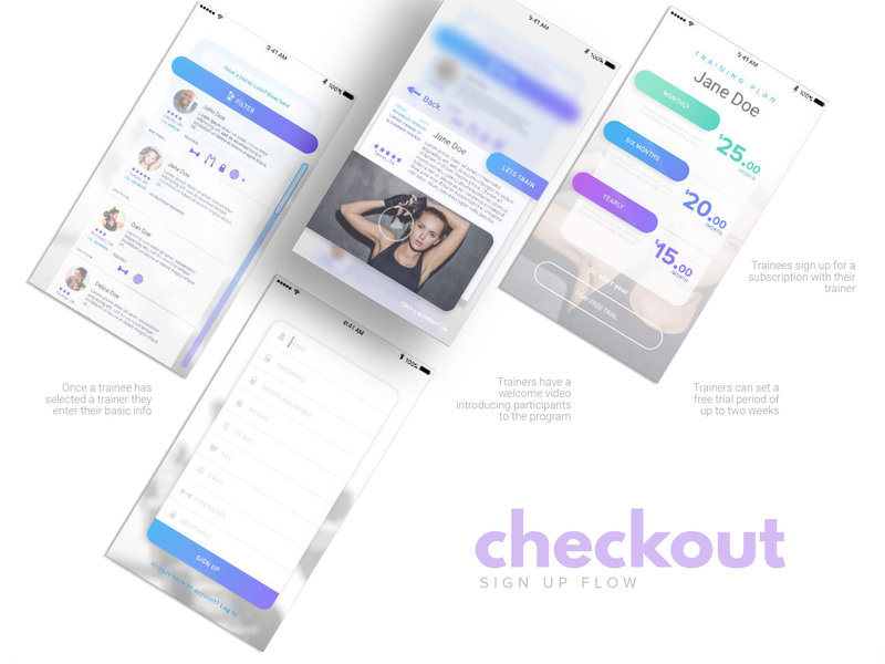Trainee - Personal Training App app checkout deck design exercise fitness flow pastel personal training plans presentation pricing purple scroll signup slides startup user violet wireframes