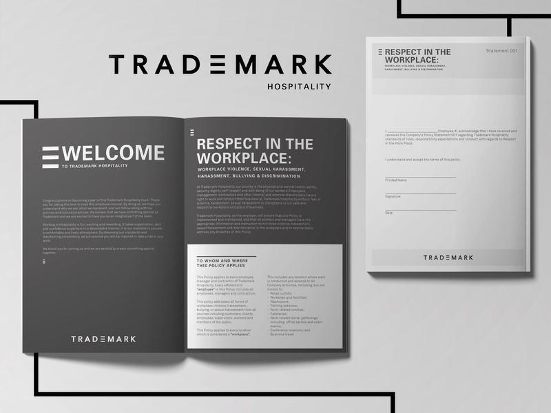 Trademark - Workplace Policies black black and white booklet clean contract corporate design employee form grey handbook hospitality letterhead lines minimal monochromatic monochrome print white workplace