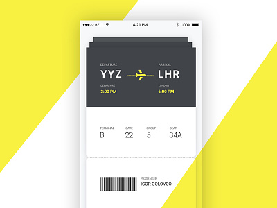 UI design of the ticket on a plane air airport boarding pass design interface plane ticket ui ux web yellow