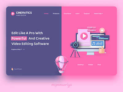 Video Editor Website 3d 3d art 3d artist branding editor figma figmadesign illustrations illustrator pink software uidesign uidesigner uiux video website