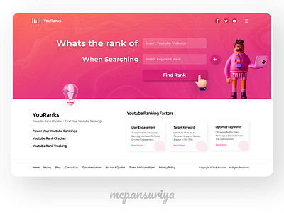 YouRank : Landing Page branding design dribbble flat illustration logo neumorphism pink uidesign uidesigner website website design youtube