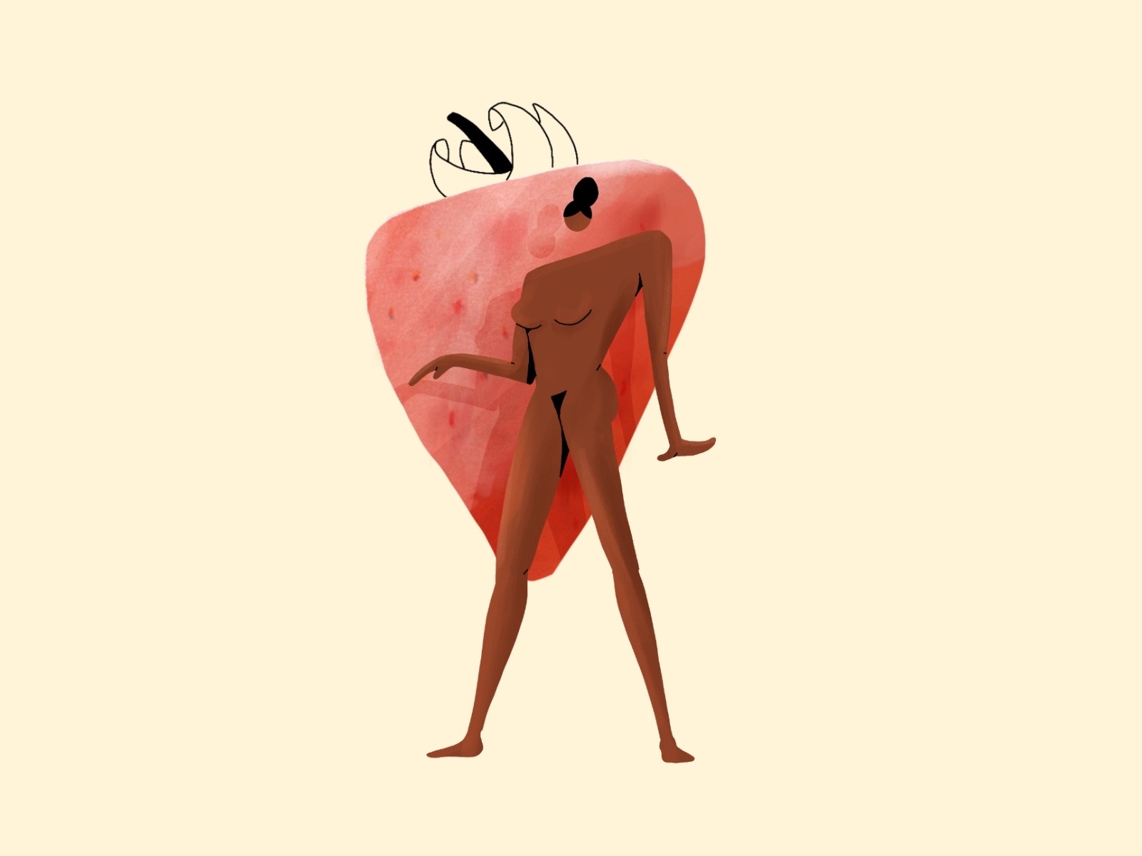 Strawberry illustration shape body fruit minimal tall paint line naked shadow feminine hair procreate sketch dancing dance women woman strawberry bodyshapes