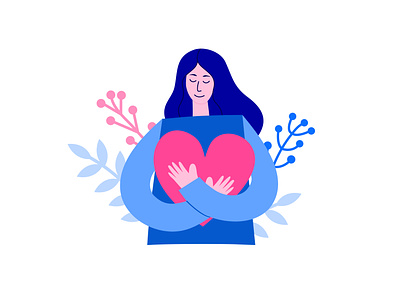 Self love concept blue character cute design flat floral girl graphic design health heart hugs illustration love yourself mental narcissistic pink self love woman