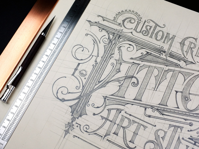 Custom Creations Tattoo And Art Studio logo sketch pencil handlettering biernat lettering tattoo design tattoo
