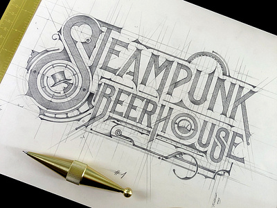 Steampunk Beer House handlettered lettering logo logotype pencil sketch steampunk tomdixon typography usa