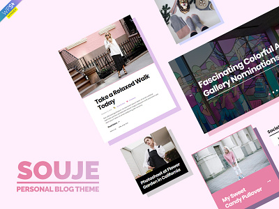 Souje Theme Elements Cover blog blogging creative design editorial feminine journal magazine pink template theme ui ux web webdesign website wordpress