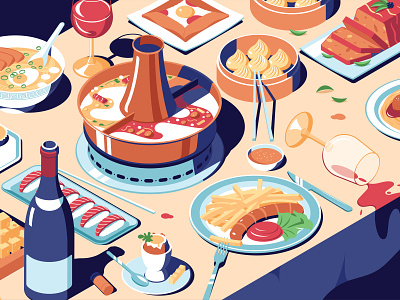Foodblog Illustration chinese dinner dumplings food fries german isometric korean noodles sushi wine