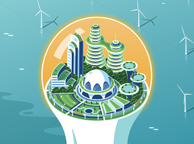 Capital Thinking Magazine Cover city clean energy future green isometric ocean power solar wind